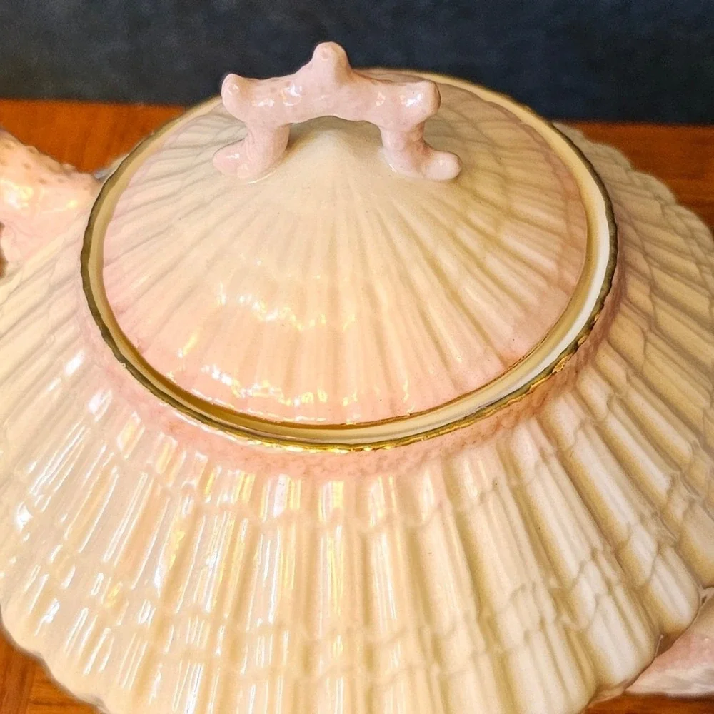 Belleek Ireland Neptune Teapot Pink Coral Handle Parian China Green Mark 0857